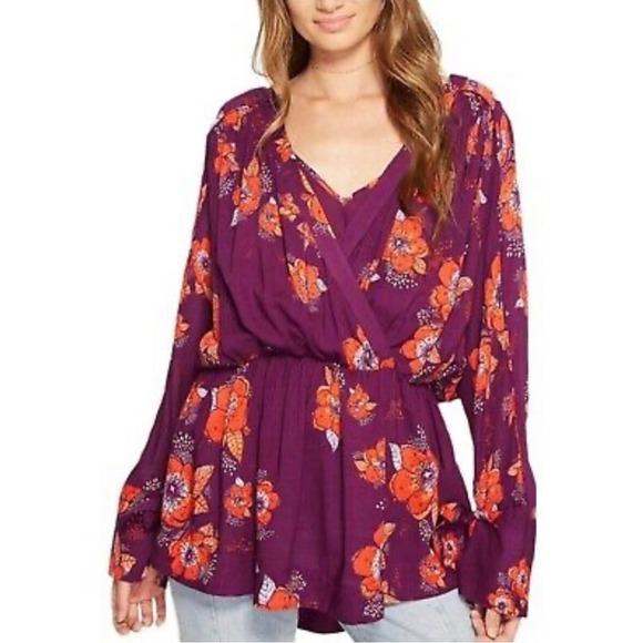 Free People Tuscan Dreams Plum Wrap Floral Blouse woman’s size large - Picture 1 of 5